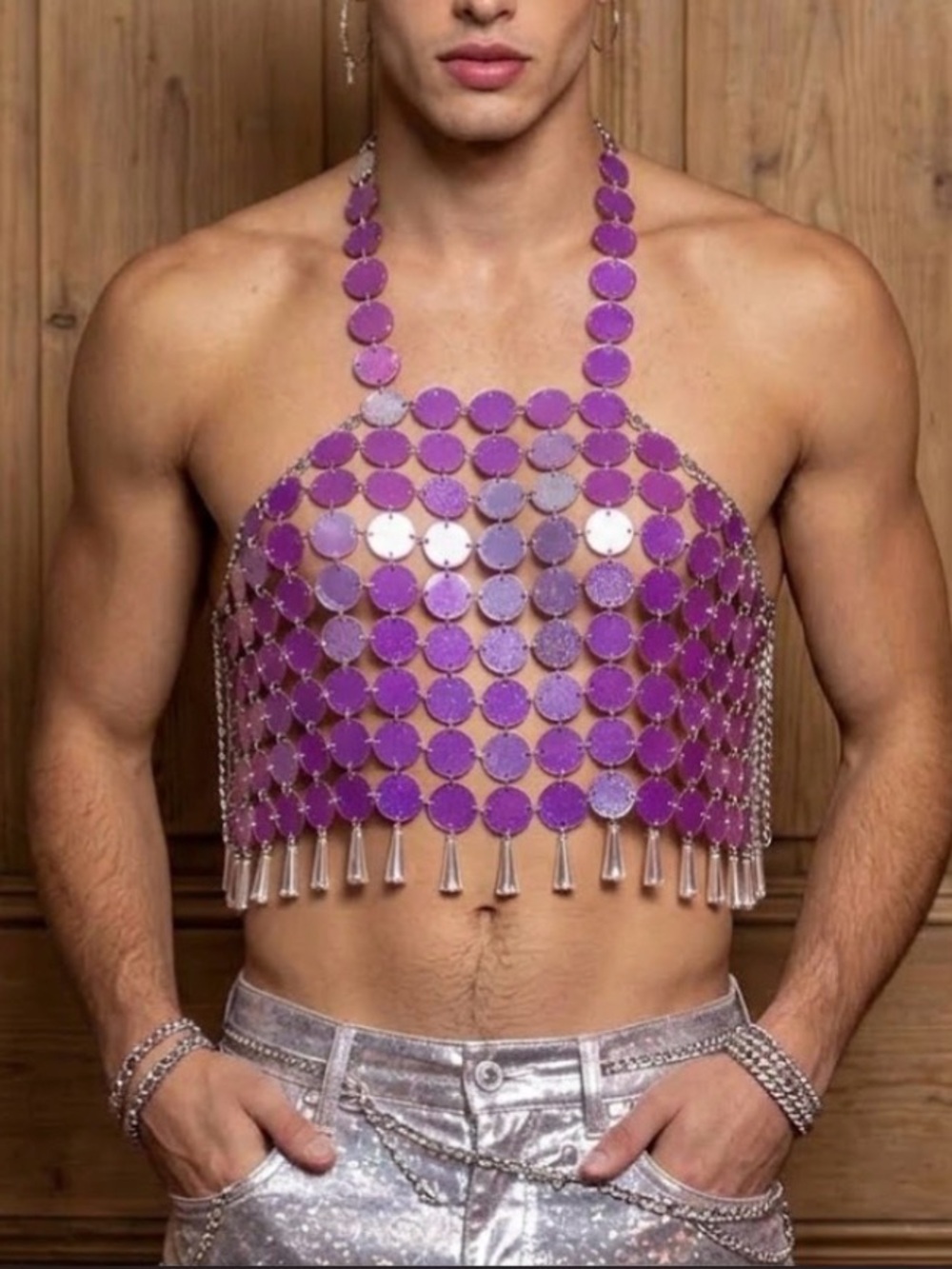 Pink Sequined Chainmail Crop Top for Men | size OS